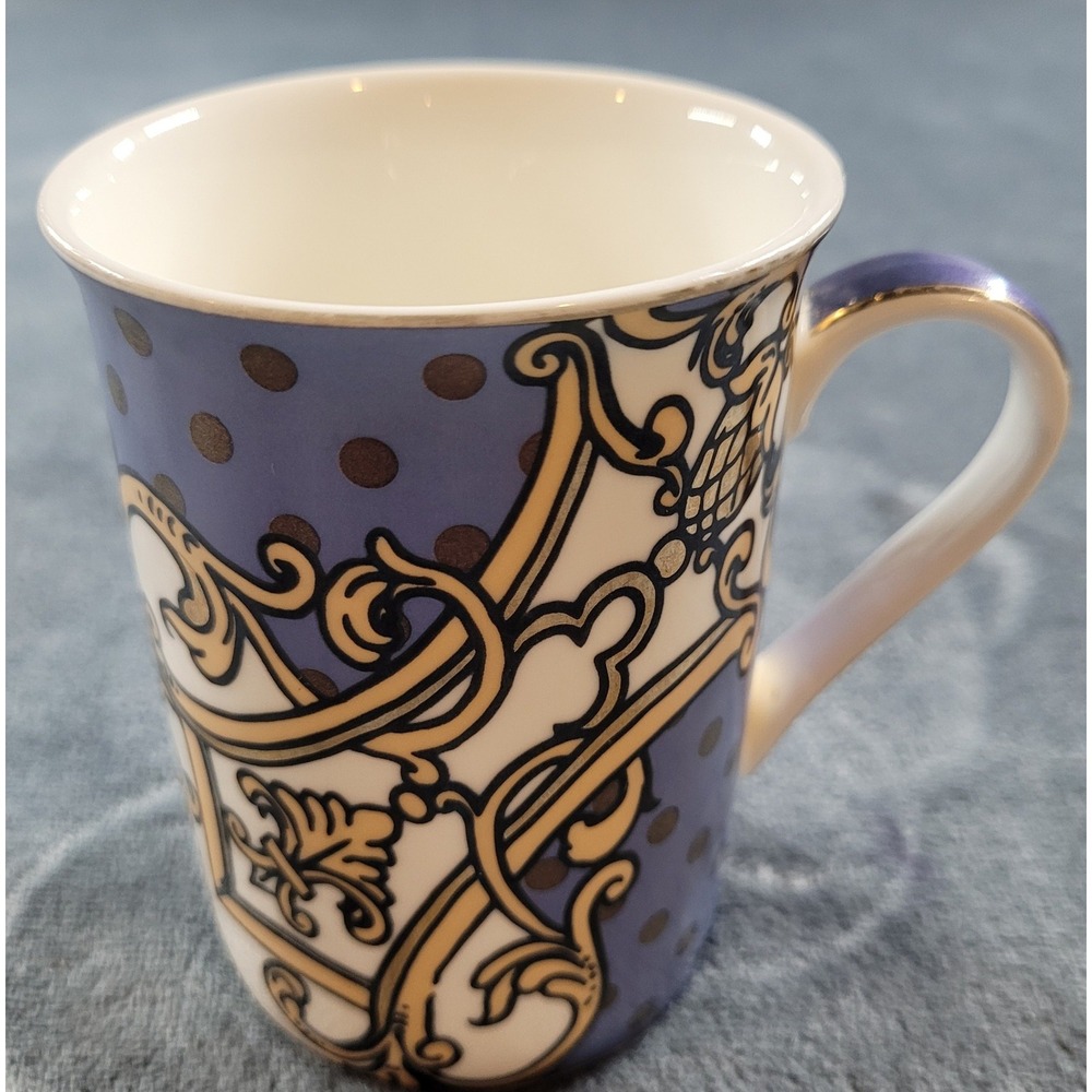 Grace's Teaware Blue Polka Dot Baroque Scroll‎ Porcelain Coffee Mug Tea Cup